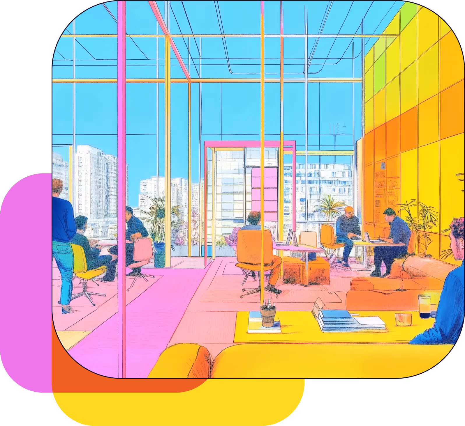 Illustration of professionals collaborating in a colorful creative studio